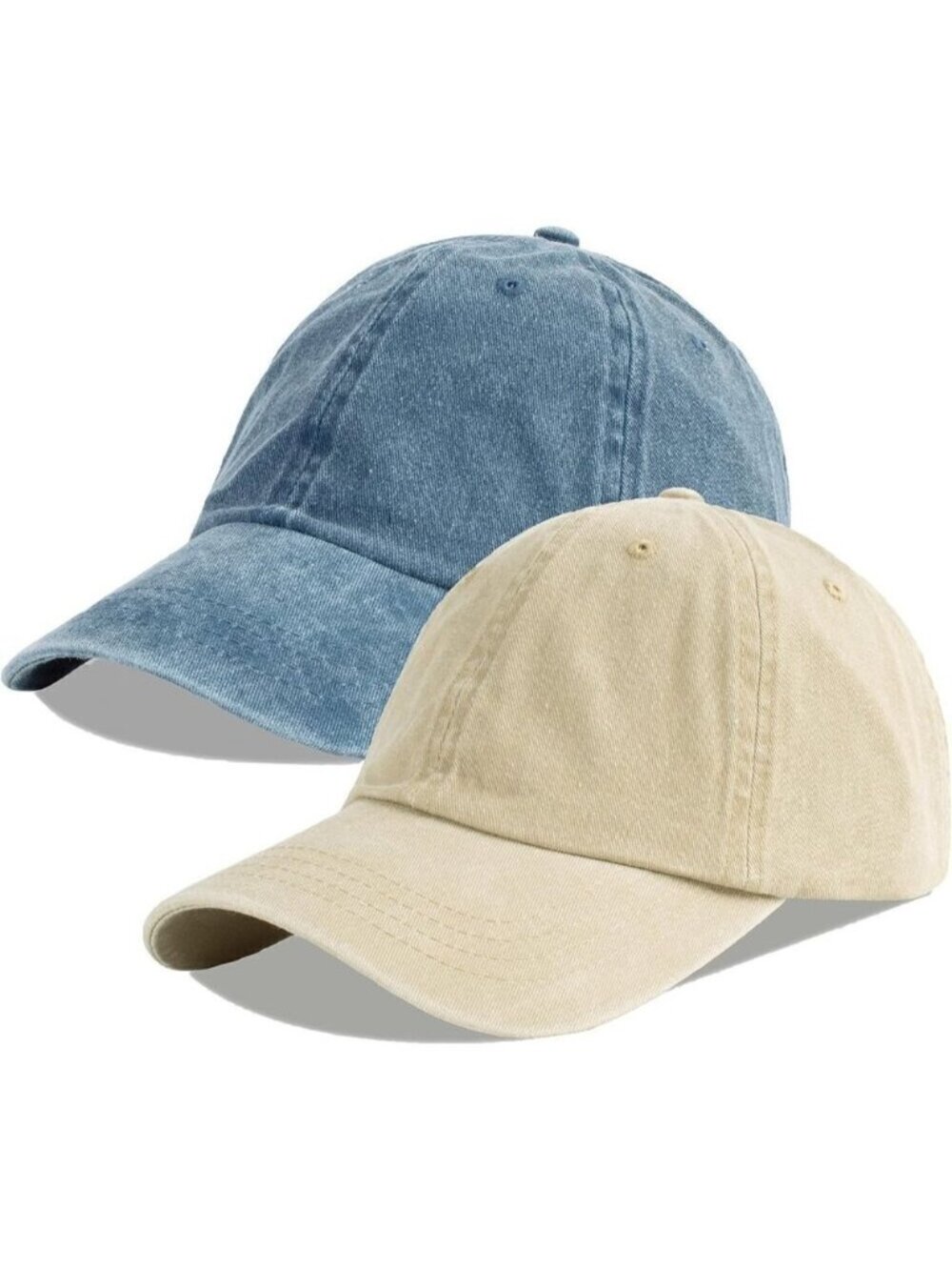 Unisex Denim Blue + Khaki Baseball Cap Cotton Fits Washed Denim Adjustable Hat
